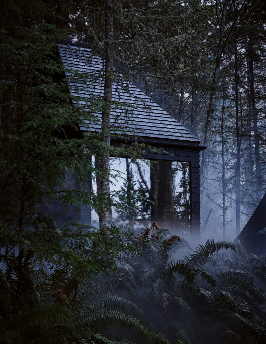 Menizei’s bathhouse framed by fir branches and mist