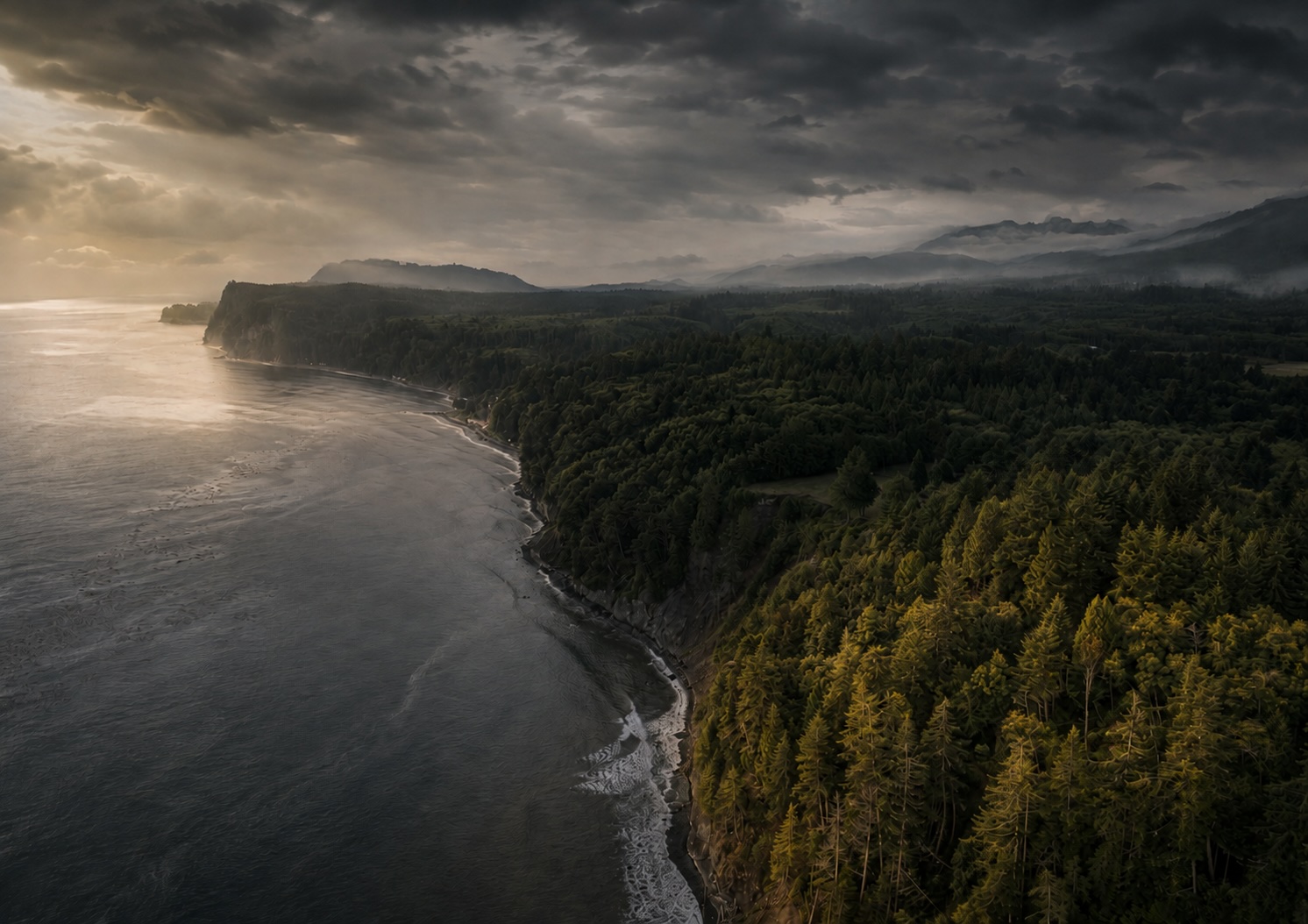 Forested shoreline and misty mountains beneath a changing sky