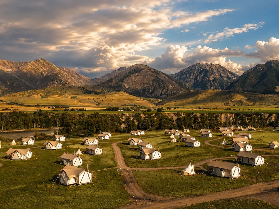 Rows of white canvas tents on a grass field below a mountain range at golden hour.